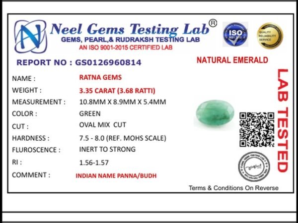 Lab certificate for Zambian Emerald (Panna) 3.35 Carat (3.68 Ratti) - NATURAL EMERALD, 3.35 CARAT (3.68 RATTI)