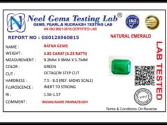 Lab certificate for Zambian Emerald (Panna) 3.85 Carat (4.23 Ratti) - NATURAL EMERALD, 3.85 CARAT (4.23 RATTI)