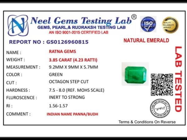Lab certificate for Zambian Emerald (Panna) 3.85 Carat (4.23 Ratti) - NATURAL EMERALD, 3.85 CARAT (4.23 RATTI)