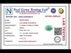 Lab certificate for Zambian Emerald (Panna) 3.95 Carat (4.34 Ratti) - NATURAL EMERALD, 3.95 CARAT (4.34 RATTI)