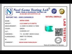 Lab certificate for Zambian Emerald (Panna) 4.32 Carat (4.75 Ratti) - NATURAL EMERALD, 4.32 CARAT (4.75 RATTI)
