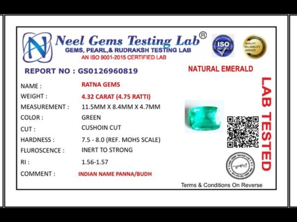 Lab certificate for Zambian Emerald (Panna) 4.32 Carat (4.75 Ratti) - NATURAL EMERALD, 4.32 CARAT (4.75 RATTI)