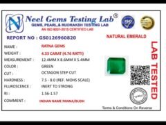Lab certificate for Zambian Emerald (Panna) 4.33 Carat (4.76 Ratti) - NATURAL EMERALD, 4.33 CARAT (4.76 RATTI)