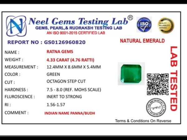 Lab certificate for Zambian Emerald (Panna) 4.33 Carat (4.76 Ratti) - NATURAL EMERALD, 4.33 CARAT (4.76 RATTI)