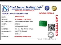 Lab certificate for Zambian Emerald (Panna) 6.73 Carat (7.40 Ratti) - NATURAL EMERALD, 6.73 CARAT (7.40 RATTI)
