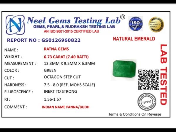 Lab certificate for Zambian Emerald (Panna) 6.73 Carat (7.40 Ratti) - NATURAL EMERALD, 6.73 CARAT (7.40 RATTI)