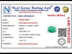 Lab certificate for Zambian Emerald (Panna) 8 Carat (8.79 Ratti) - NATURAL EMERALD, 8.00 CARAT (8.79 RATTI)
