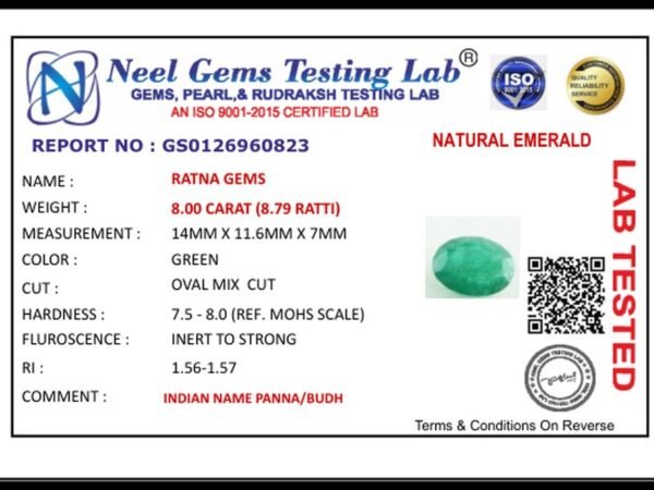 Lab certificate for Zambian Emerald (Panna) 8 Carat (8.79 Ratti) - NATURAL EMERALD, 8.00 CARAT (8.79 RATTI)