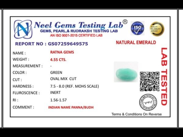 Lab certificate for Brazilian Emerald 4.55 Carat (5.00 Ratti) Panna Stone — Sapota - NATURAL EMERALD, 4.55 CTS.