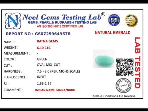 Lab certificate for Zambian Emerald (Panna) 6.11 Carat (6.71 Ratti) - NATURAL EMERALD, 6.10 CTS.