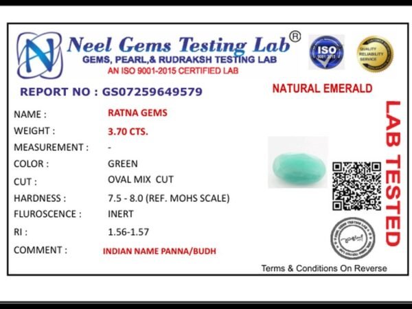 Lab certificate for Brazilian Emerald 3.70 Carat (4.07 Ratti) Panna Stone — Sapota - NATURAL EMERALD, 3.70 CTS.
