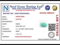 Lab certificate for Brazilian Emerald 4.85 Carat (5.33 Ratti) Panna Stone - Sapota - NATURAL EMERALD, 4.85 CTS.