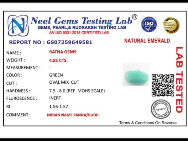 Lab certificate for Brazilian Emerald 4.85 Carat (5.33 Ratti) Panna Stone - Sapota - NATURAL EMERALD, 4.85 CTS.