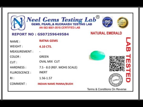 Lab certificate for Brazilian Emerald 4.1 Carat (4.51 Ratti) Panna Stone — Sapota - NATURAL EMERALD, 4.10 CTS.