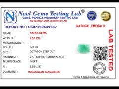 Lab certificate for Brazilian Emerald 6.21 Carat (6.82 Ratti) – Panna Stone - NATURAL EMERALD, 6.20 CTS.