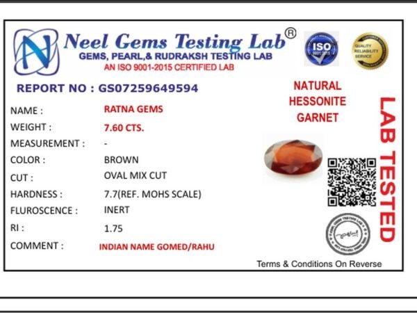 Lab certificate for African Gomed Stone 7.6 Carat (8.35 Ratti) Natural Certified Hessonite - NATURAL HESSONITE, 7.60 CTS.