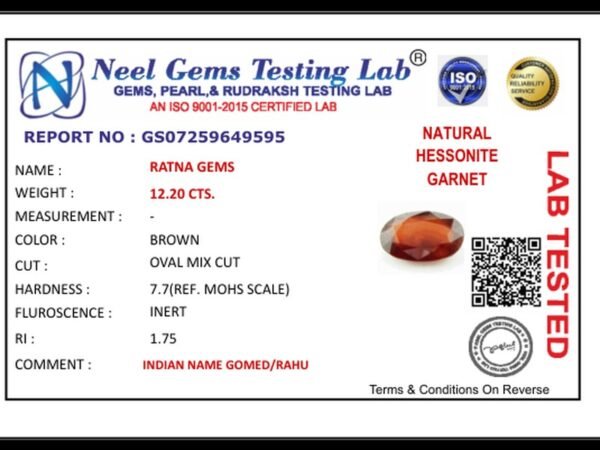 Lab certificate for African Gomed Stone 12.2 Carat (13.41 Ratti) Natural Certified Hessonite - NATURAL HESSONITE, 12.20 CTS.