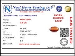 Lab certificate for African Gomed Stone 6.35 Carat (6.98 Ratti) Natural Certified Hessonite - NATURAL HESSONITE, 6.35 CTS.