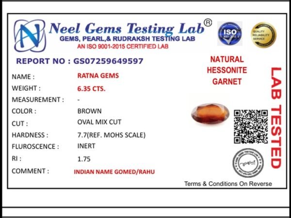 Lab certificate for African Gomed Stone 6.35 Carat (6.98 Ratti) Natural Certified Hessonite - NATURAL HESSONITE, 6.35 CTS.
