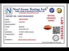 Lab certificate for African Gomed Stone 5.8 Carat (6.37 Ratti) Natural Certified Hessonite - NATURAL HESSONITE, 5.80 CTS.