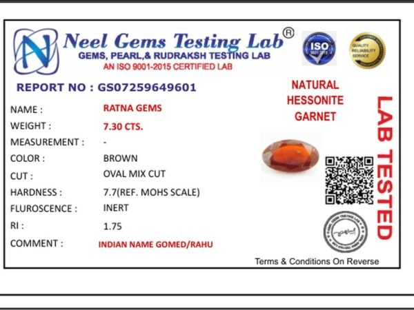 Lab certificate for African Gomed Stone 6.66 Carat (7.32 Ratti) Natural Certified Hessonite - NATURAL HESSONITE, 7.30 CTS.