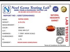 Lab certificate for African Gomed Stone 8.75 Carat (9.62 Ratti) Natural Certified Hessonite - NATURAL HESSONITE, 8.75 CTS.