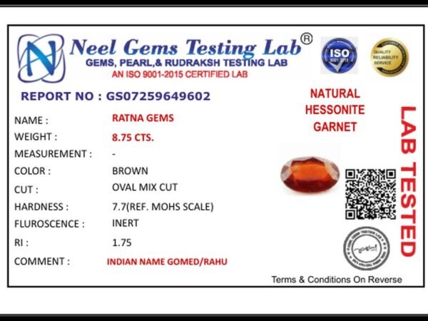 Lab certificate for African Gomed Stone 8.75 Carat (9.62 Ratti) Natural Certified Hessonite - NATURAL HESSONITE, 8.75 CTS.