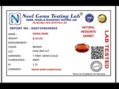 Lab certificate for African Gomed Stone 8.7 Carat (9.56 Ratti) Natural Certified Hessonite - NATURAL HESSONITE, 8.70 CTS.