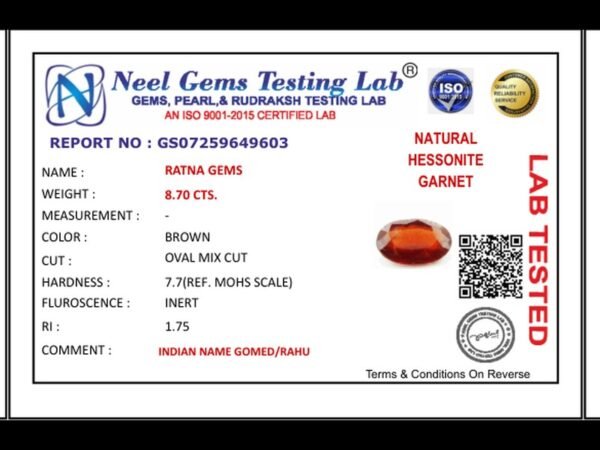 Lab certificate for African Gomed Stone 8.7 Carat (9.56 Ratti) Natural Certified Hessonite - NATURAL HESSONITE, 8.70 CTS.