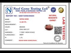 Lab certificate for African Gomed Stone 11.6 Carat (12.75 Ratti) Natural Certified Hessonite - NATURAL HESSONITE, 11.60 CTS.