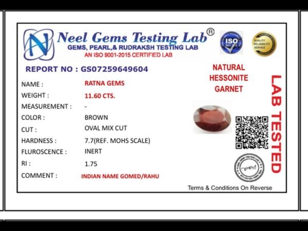 Lab certificate for African Gomed Stone 11.6 Carat (12.75 Ratti) Natural Certified Hessonite - NATURAL HESSONITE, 11.60 CTS.