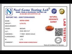 Lab certificate for African Gomed Stone 6.7 Carat (7.36 Ratti) Natural Certified Hessonite - NATURAL HESSONITE, 6.70 CTS.