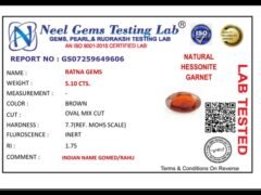Lab certificate for African Gomed Stone 5.1 Carat (5.60 Ratti) Natural Certified Hessonite - NATURAL HESSONITE, 5.10 CTS.