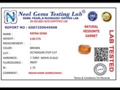 Lab certificate for African Gomed Stone 5.83 Carat (6.41 Ratti) Natural Certified Hessonite - NATURAL HESSONITE, 5.83 CTS