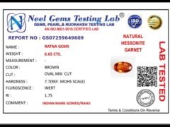 Lab certificate for African Gomed Hessonite 6.66 Carat (7.32 Ratti) Natural Certified Stone - NATURAL HESSONITE, 6.65 CTS.