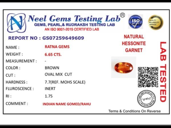 Lab certificate for African Gomed Hessonite 6.66 Carat (7.32 Ratti) Natural Certified Stone - NATURAL HESSONITE, 6.65 CTS.