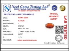 Lab certificate for African Gomed Stone 6.6 Carat (7.25 Ratti) Natural Certified Hessonite - NATURAL HESSONITE, 6.60 CTS.