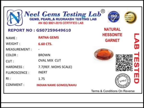 Lab certificate for African Gomed Stone 6.6 Carat (7.25 Ratti) Natural Certified Hessonite - NATURAL HESSONITE, 6.60 CTS.