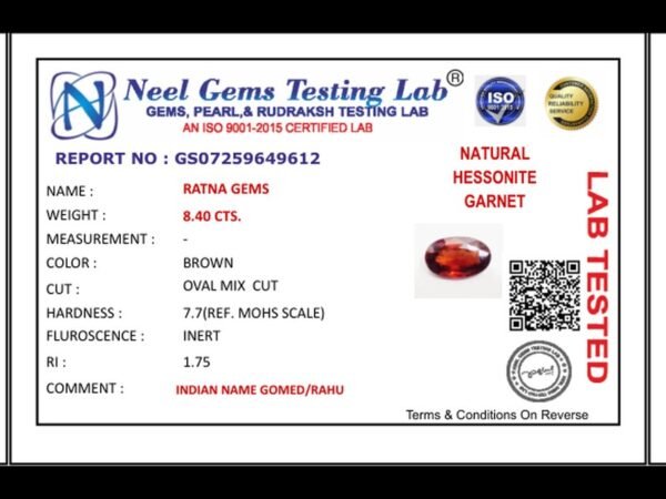 Lab certificate for African Gomed Stone 8.4 Carat (9.23 Ratti) Natural Certified Hessonite - NATURAL HESSONITE, 8.40 CTS.