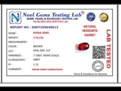 Lab certificate for African Gomed Stone 7.75 Carat (8.52 Ratti) Natural Certified Hessonite - NATURAL HESSONITE, 7.75 CTS.
