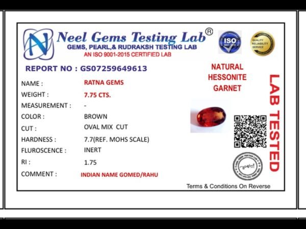 Lab certificate for African Gomed Stone 7.75 Carat (8.52 Ratti) Natural Certified Hessonite - NATURAL HESSONITE, 7.75 CTS.