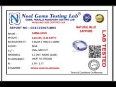 Lab certificate for Ceylon Blue Sapphire (Neelam) 3.26 Carat (3.58 Ratti) - NATURAL BLUE SAPPHIRE, 3.26 CTS. (3.58 RATTI)