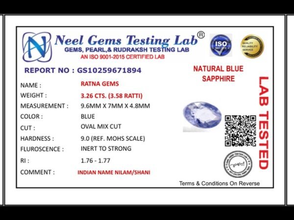 Lab certificate for Ceylon Blue Sapphire (Neelam) 3.26 Carat (3.58 Ratti) - NATURAL BLUE SAPPHIRE, 3.26 CTS. (3.58 RATTI)