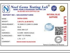 Lab certificate for Ceylon Blue Sapphire (Neelam) 5.90 Carat (6.48 Ratti) - NATURAL BLUE SAPPHIRE, 5.90 CTS. (6.48 RATTI)