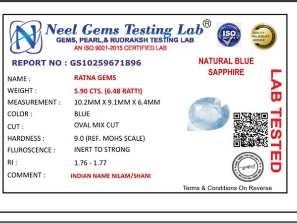 Lab certificate for Ceylon Blue Sapphire (Neelam) 5.90 Carat (6.48 Ratti) - NATURAL BLUE SAPPHIRE, 5.90 CTS. (6.48 RATTI)