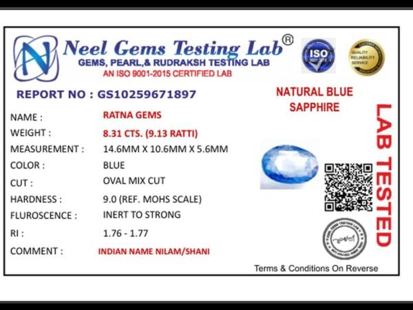 Lab certificate for Ceylon Blue Sapphire (Neelam) 8.31 Carat (9.13 Ratti) - NATURAL BLUE SAPPHIRE, 8.31 CTS. (9.13 RATTI)