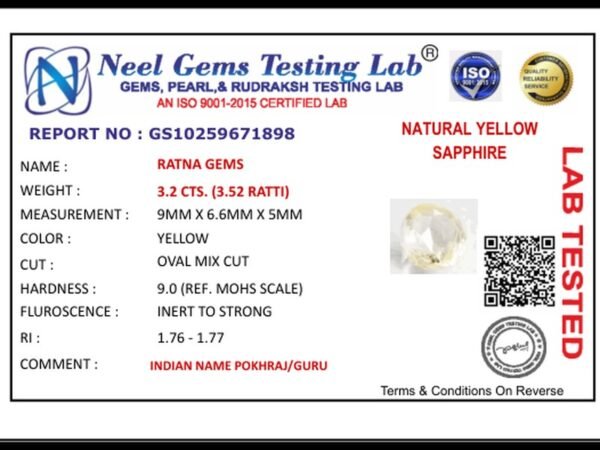 Lab certificate for Ceylon Yellow Sapphire (Pukhraj) 3.2 Carat (3.52 Ratti) - NATURAL YELLOW SAPPHIRE, 3.2 CTS. (3.52 RATTI)