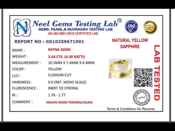 Lab certificate for Ceylon Yellow Sapphire (Pukhraj) 3.64 Carat (4.00 Ratti) - NATURAL YELLOW SAPPHIRE, 3.64 CTS. (4.00 RATTI