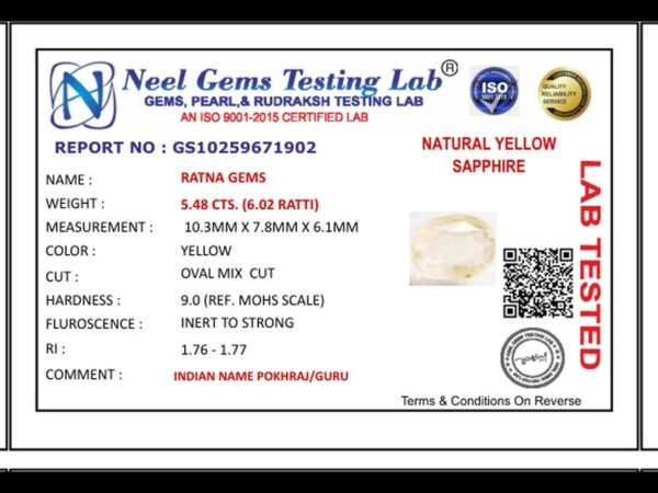 Lab certificate for Ceylon Yellow Sapphire (Pukhraj) 5.48 Carat (6.02 Ratti) - NATURAL YELLOW SAPPHIRE, 5.48 CTS. (6.02 RATTI