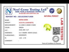 Lab certificate for Peridot Stone 4.53 Carat (4.98 Ratti) - NATURAL PERIDOT, 4.53 CTS. (4.98 RATTI)